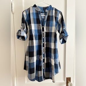 Calvin Klein Jeans Women's Blue Plaid Tunic 3/4 Roll Sleeve Shirt